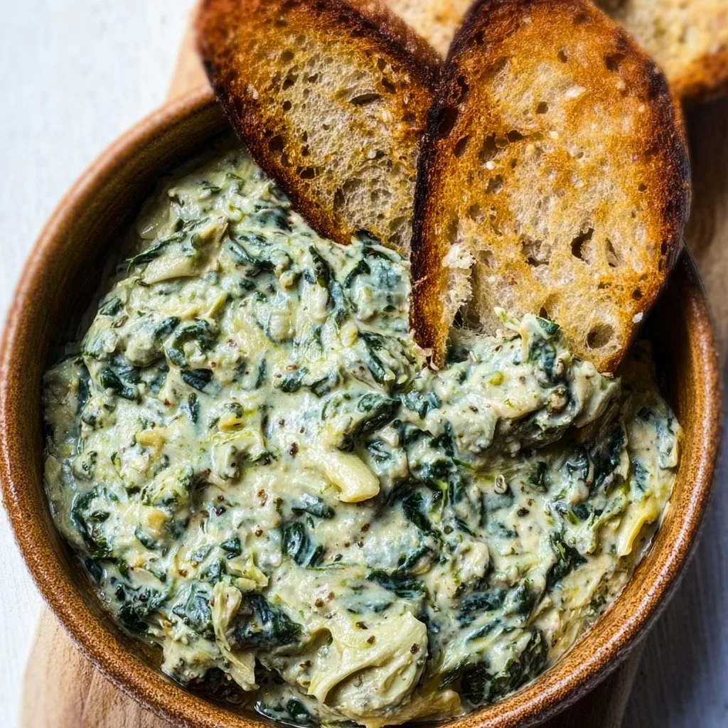 Creamy vegan spinach artichoke dip served in a bowl with fresh veggies