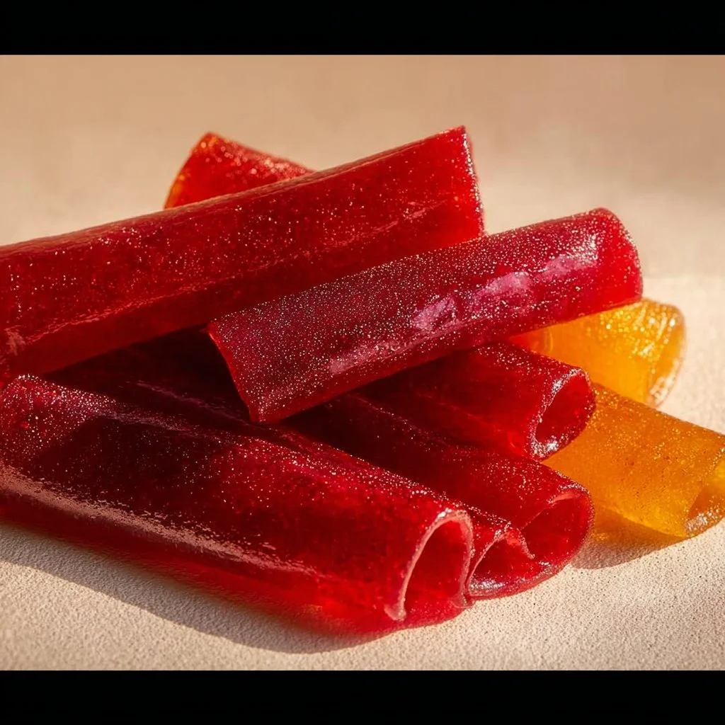 Homemade fruit roll-ups made with three ingredients on a wooden table.