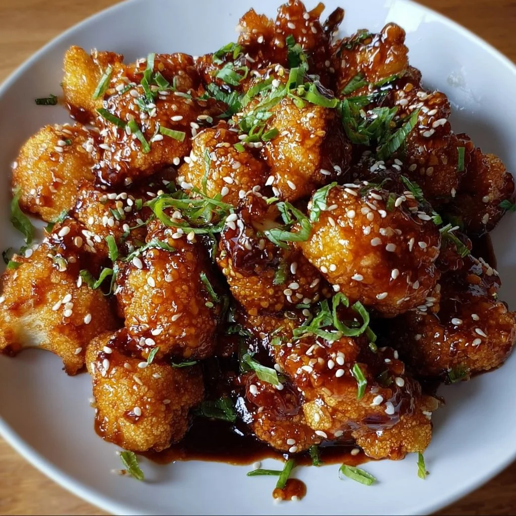 Sticky honey garlic cauliflower dish garnished with sesame seeds