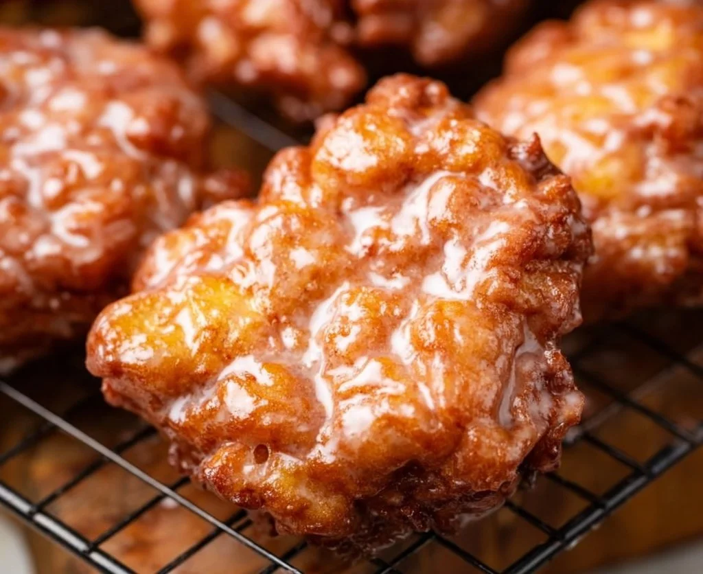 Freshly made apple fritters topped with powdered sugar