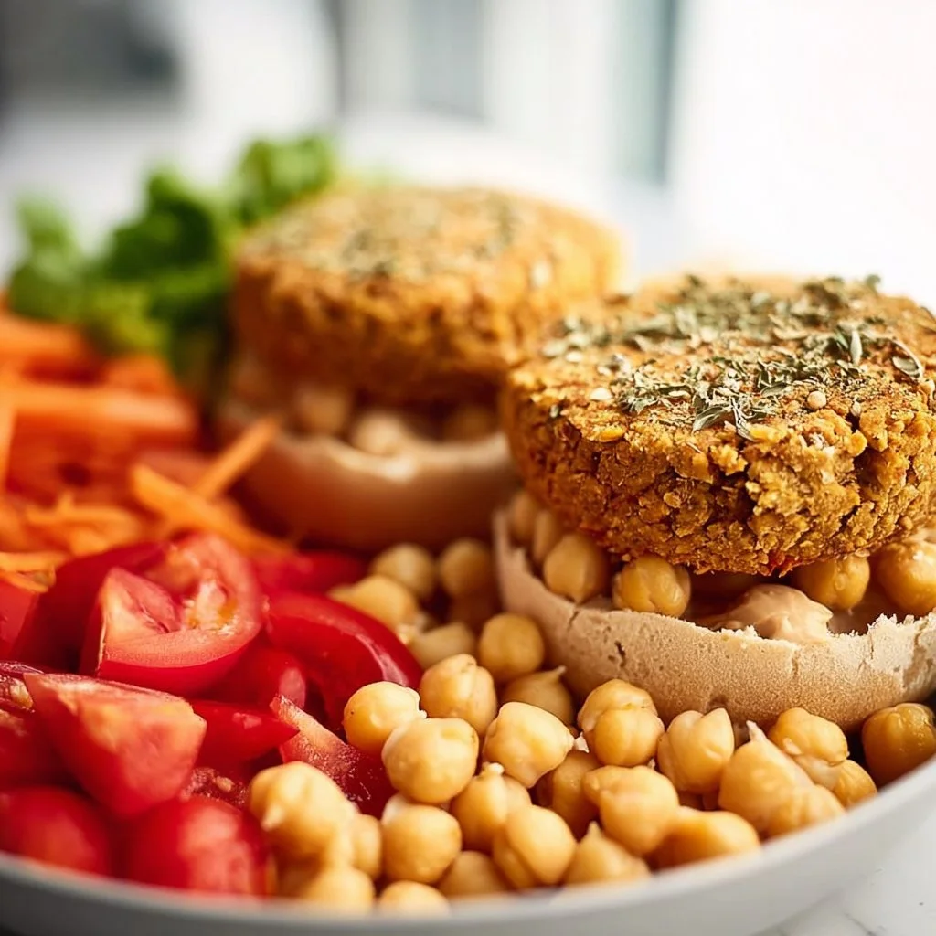 Delicious baked vegan chickpea burgers on a plate with fresh vegetables.