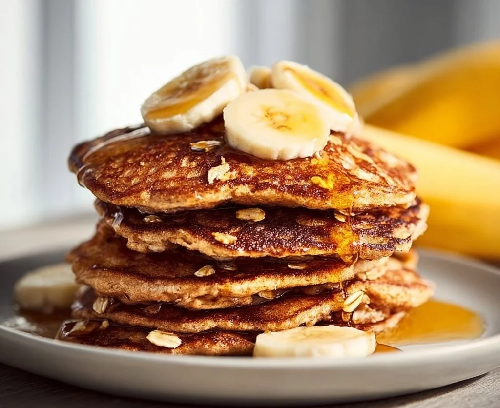 Delicious banana oatmeal pancakes stacked on a plate with fresh bananas