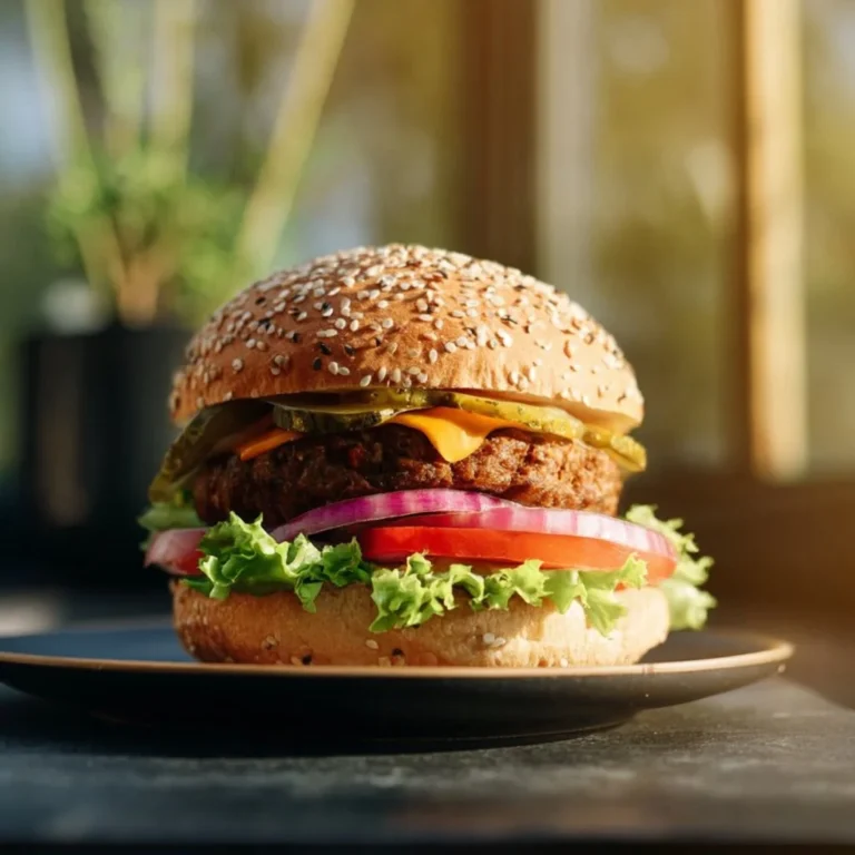 Delicious vegan burger topped with fresh vegetables and sauce