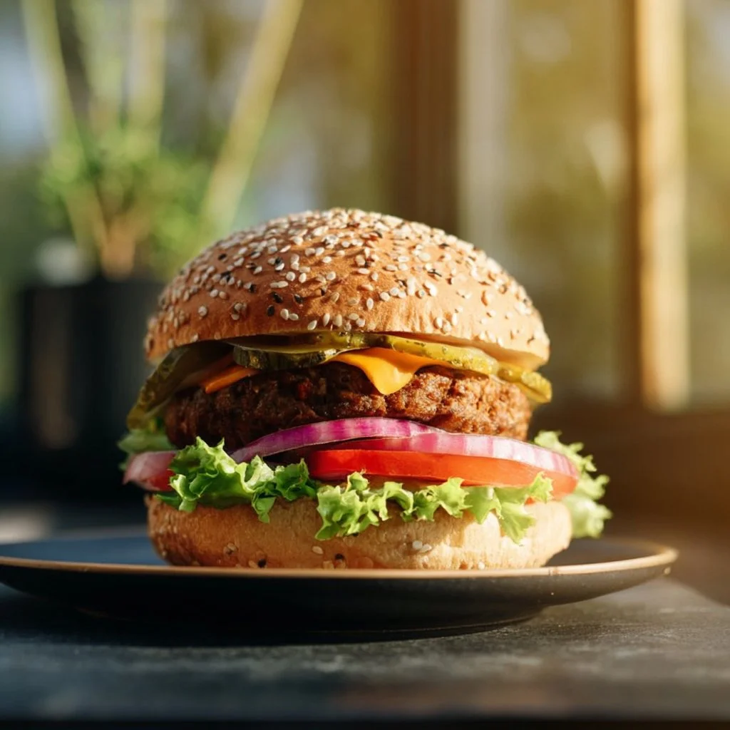 Delicious vegan burger topped with fresh vegetables and sauce