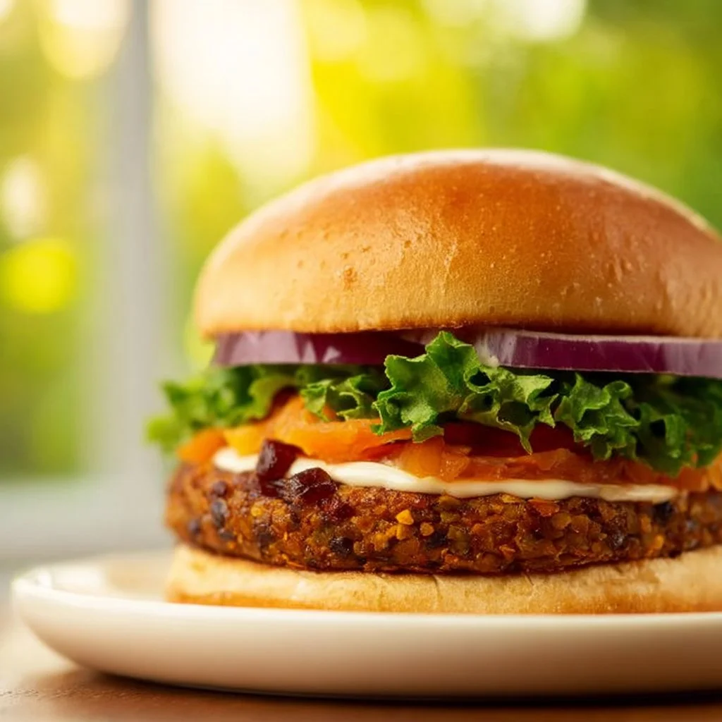 A delicious homemade veggie burger stacked with fresh vegetables and sauces