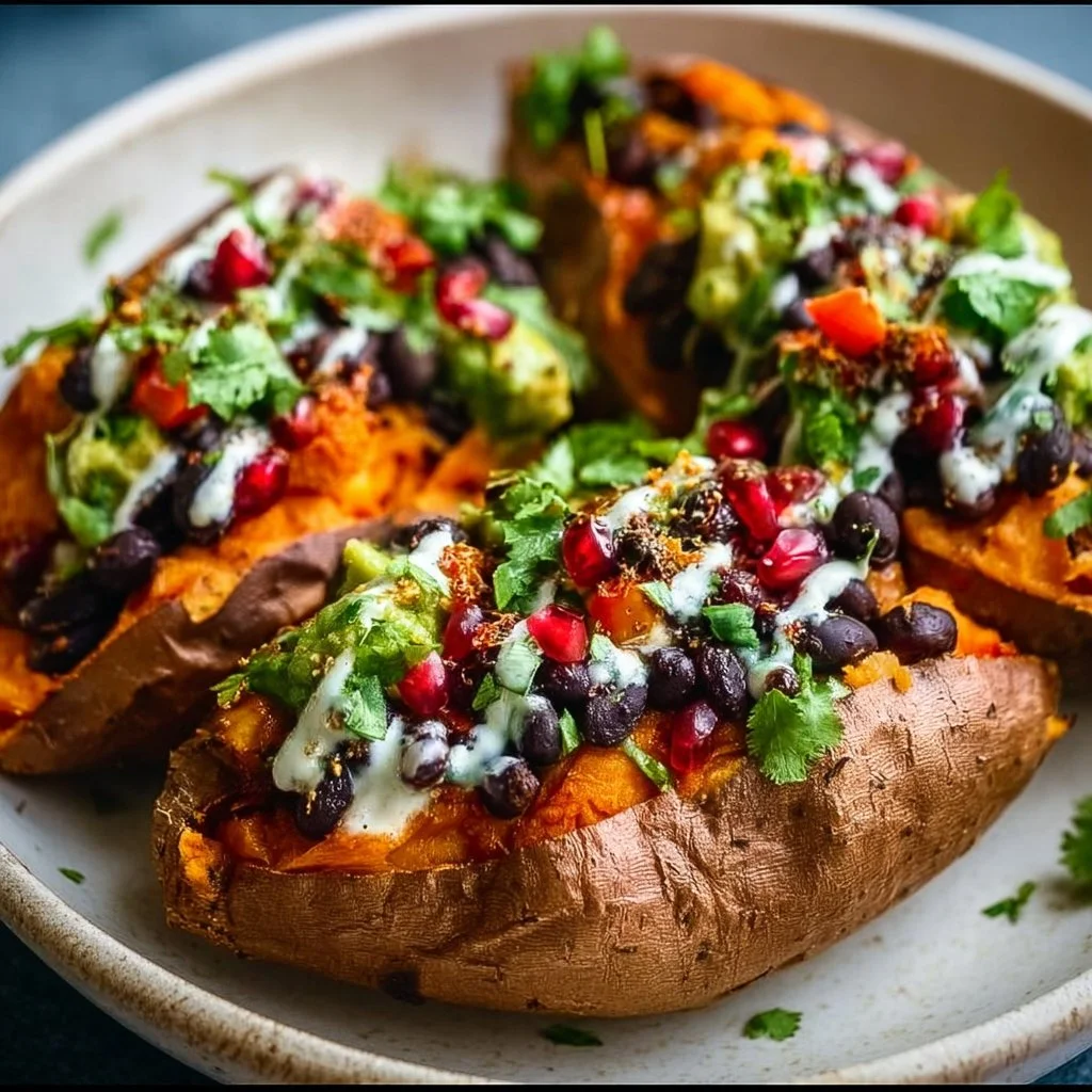 Black Bean Stuffed Sweet Potatoes on a plate, garnished and ready to serve