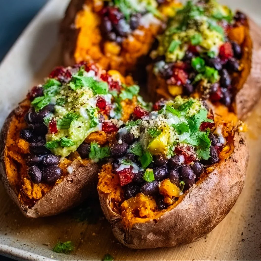 Delicious black bean stuffed sweet potatoes topped with fresh herbs and spices.