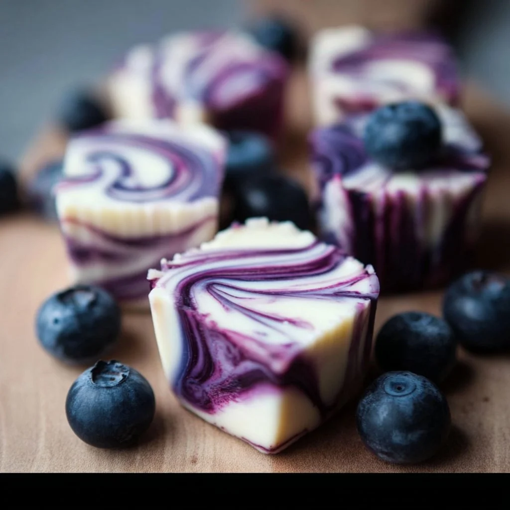 Blueberry swirl yogurt bites featuring creamy yogurt and fresh blueberries.