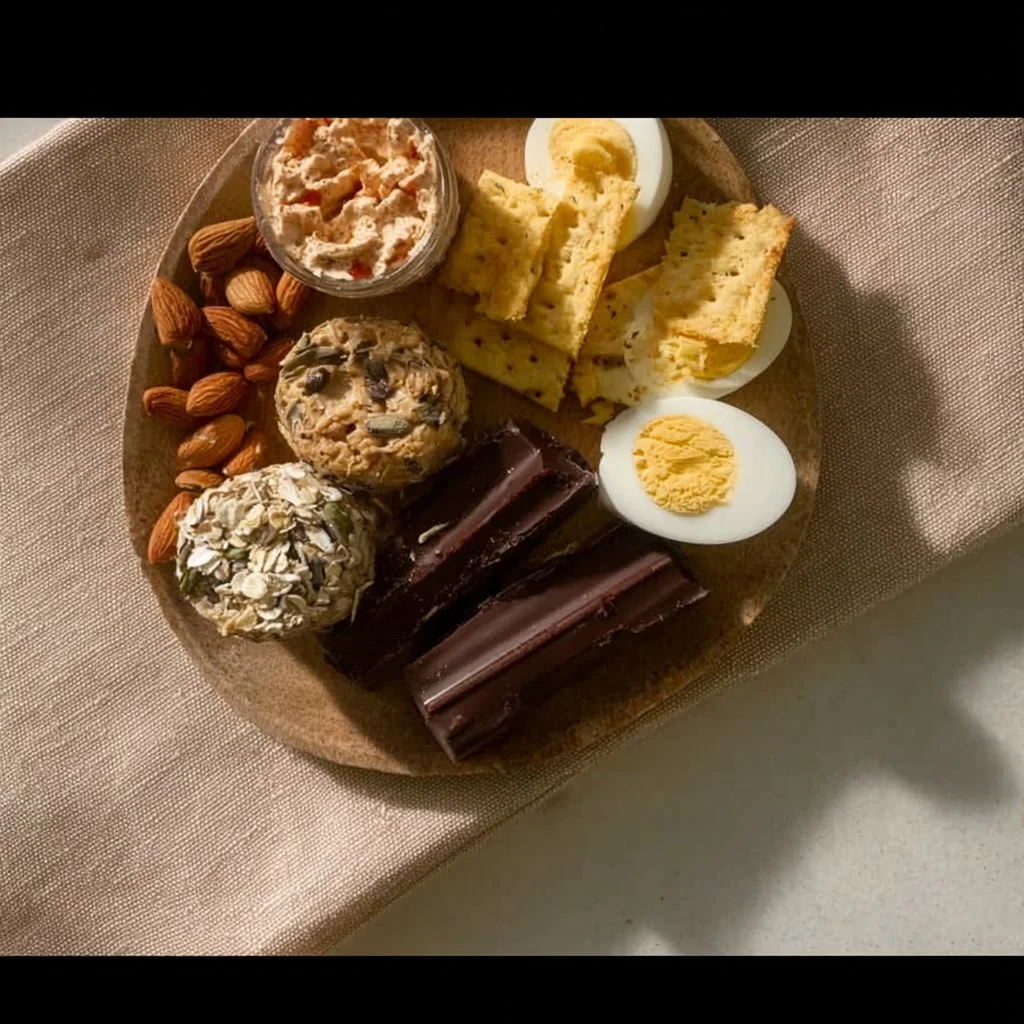 An assortment of brain boosting snacks including nuts and fruits.