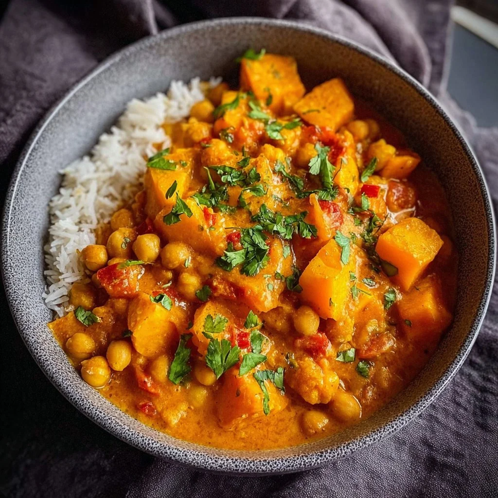 Delicious butternut squash and chickpea curry served in a bowl