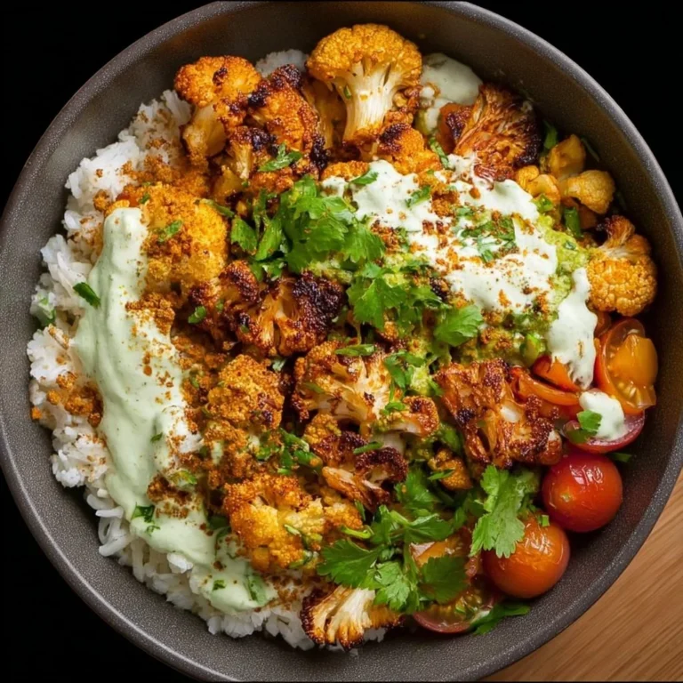 Cauliflower shawarma bowl with fresh vegetables and tahini sauce