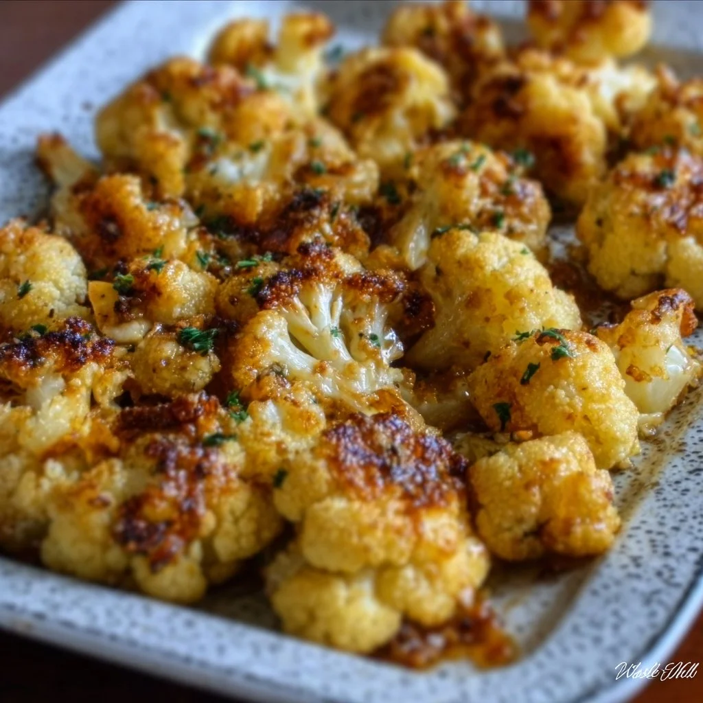 A plate of cheesy vegan roasted cauliflower topped with herbs and spices.
