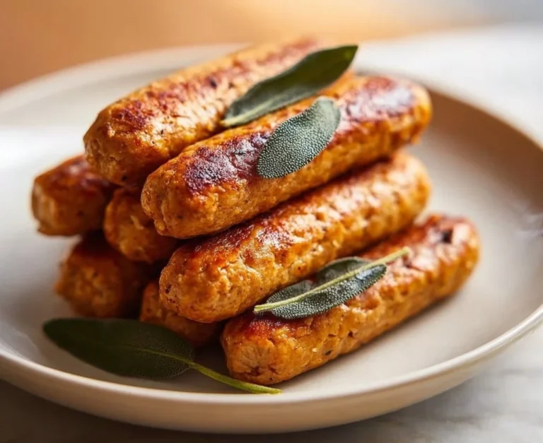 Chickpea-based vegan sausage links with sage served on a plate.
