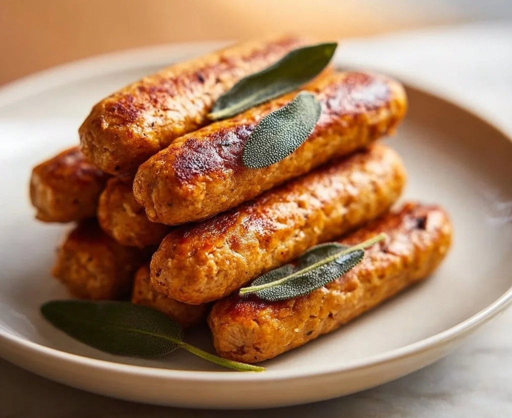 Chickpea-based vegan sausage links with sage served on a plate.
