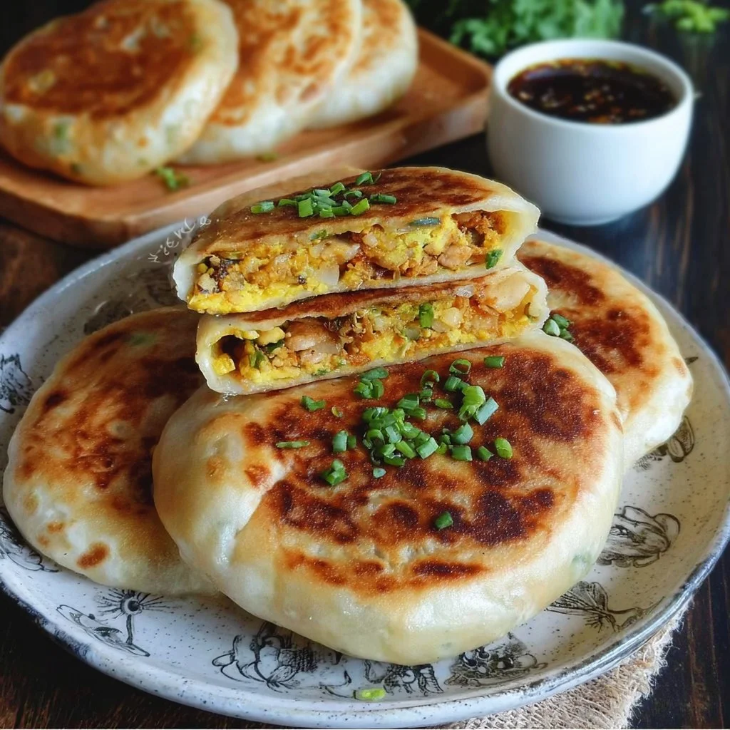 Chinese-style savory stuffed pancakes on a plate, ready to be served.