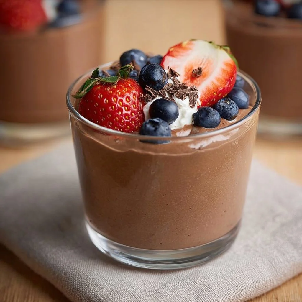Delicious Chocolate Protein Pudding in a bowl topped with berries