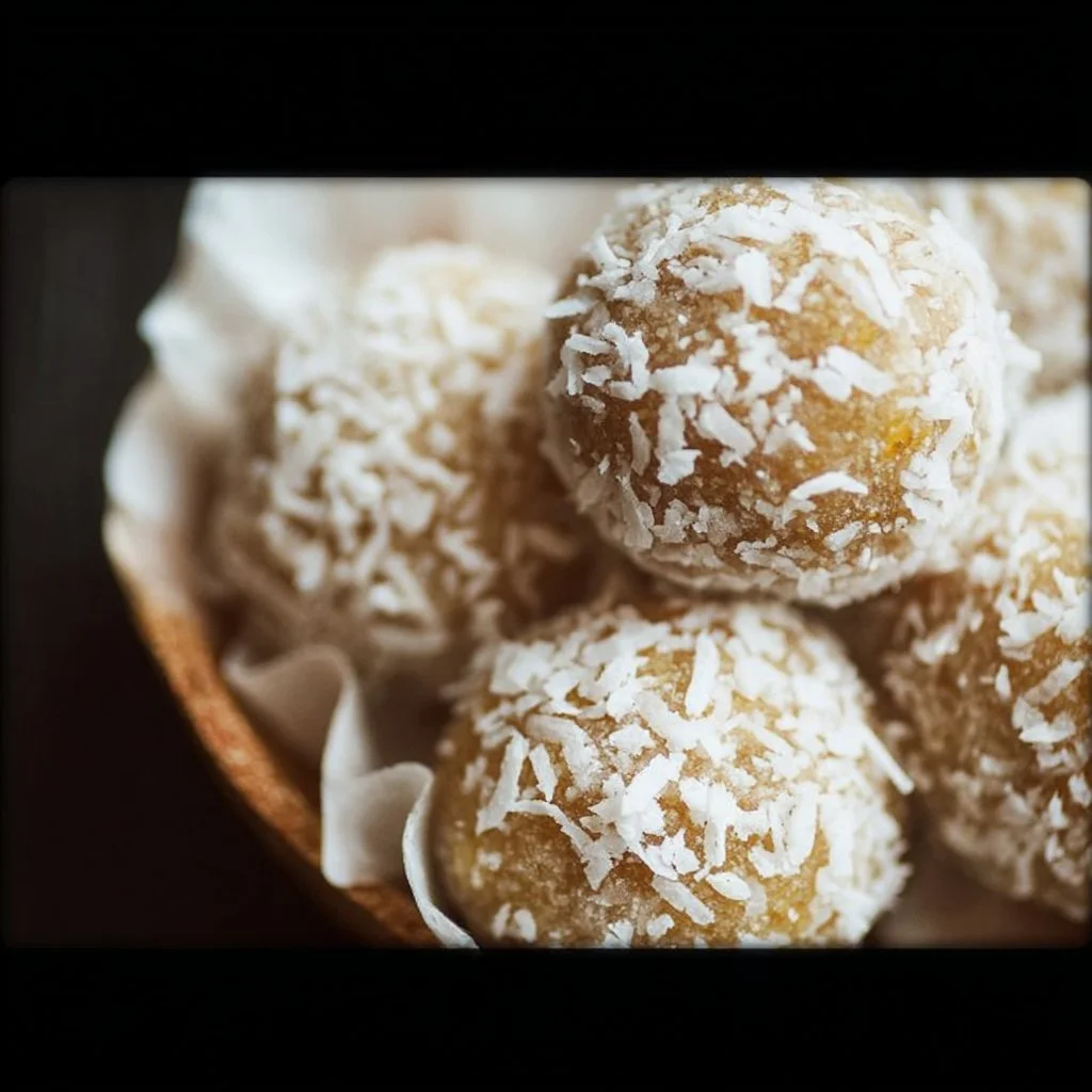 Delicious Coconut Energy Balls resembling Raffaello Balls on a plate