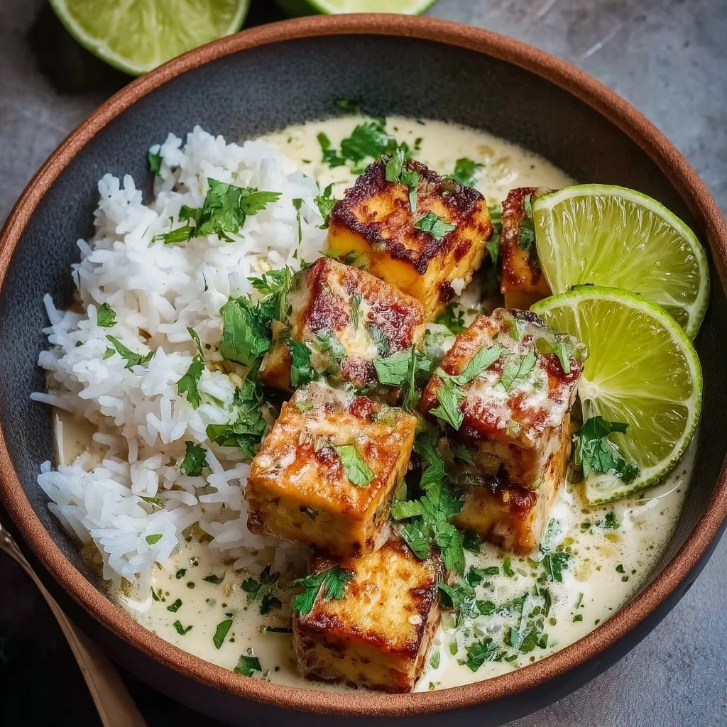 Delicious Coconut Lime Tofu dish garnished with fresh herbs and lime wedges.