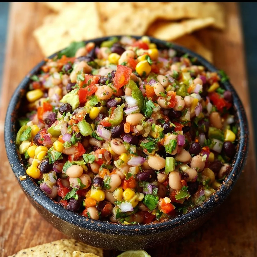 Colorful Cowboy Caviar dip served in a bowl with tortilla chips.