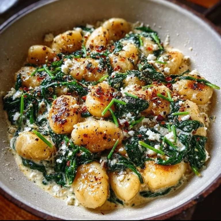 Creamy gnocchi dish with spinach and feta served in a bowl