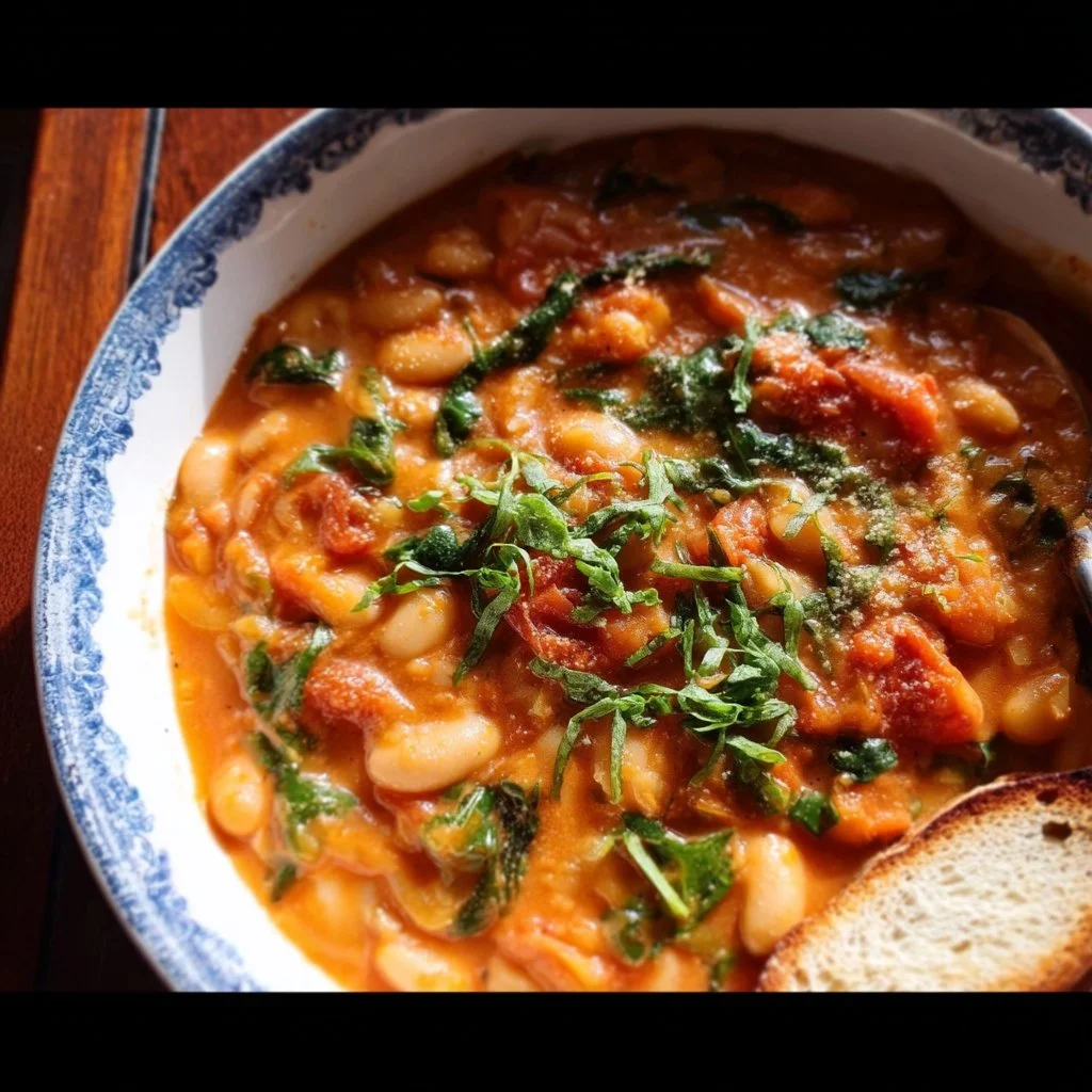 Bowl of creamy vegan tomato white bean stew with fresh herbs