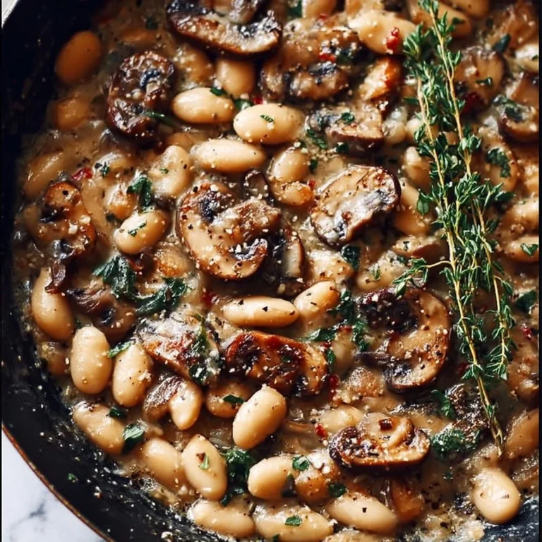Creamy white bean and mushroom skillet dish, a healthy vegetarian meal