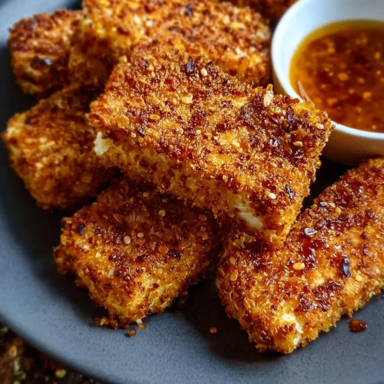 Crispy baked honey mustard tofu tenders served on a plate