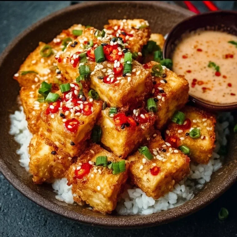 Crispy bang bang tofu served with a spicy sauce and garnished with green onions