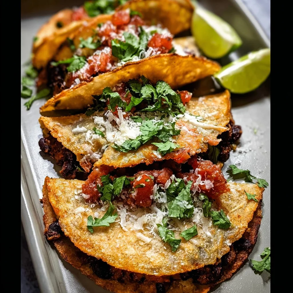 Crispy black bean tacos topped with fresh ingredients and served on a plate.