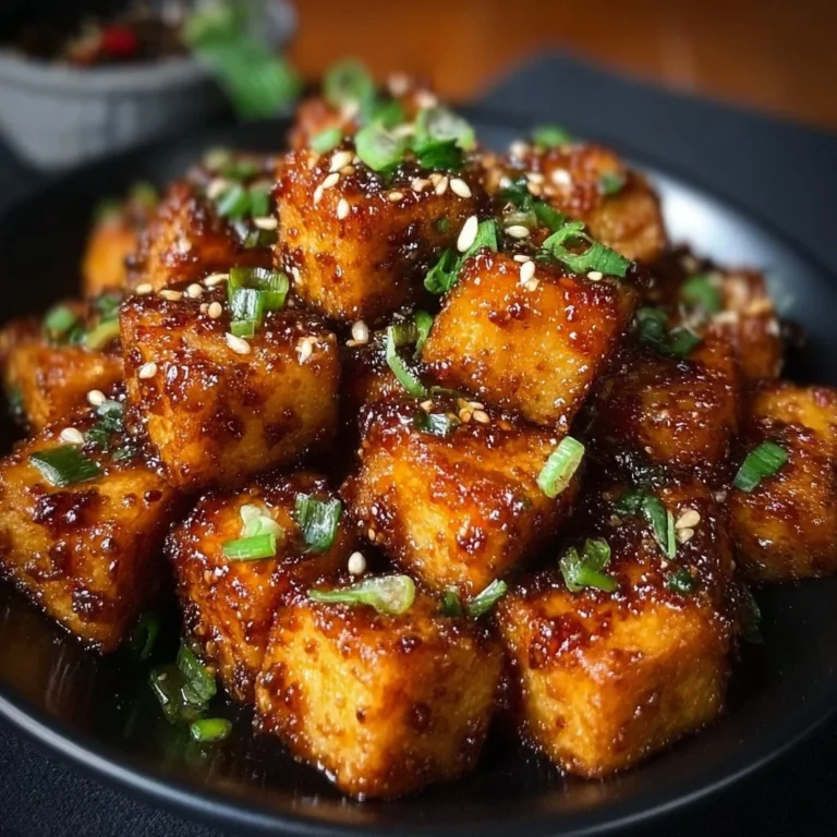 Crispy honey garlic tofu served with green onions and sesame seeds