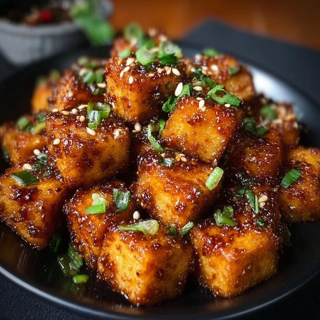 Crispy honey garlic tofu served with green onions and sesame seeds