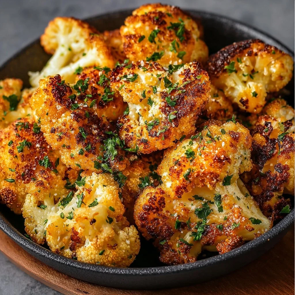 Crispy oven roasted cauliflower florets on a baking sheet