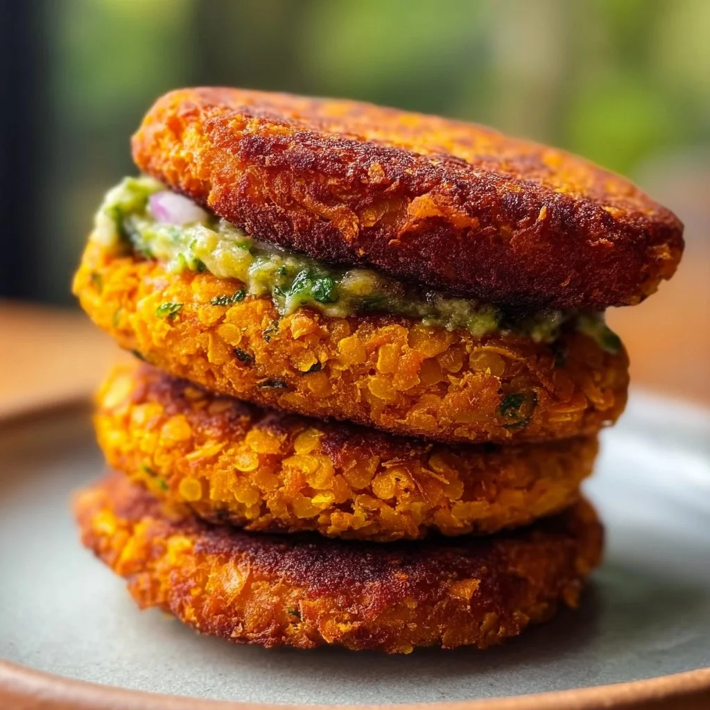 Crispy sweet potato and red lentil patties garnished with herbs