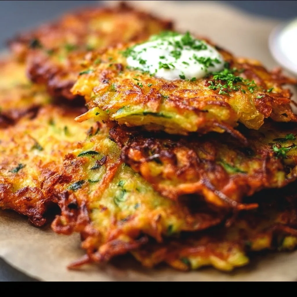 Crispy vegetable fritters served on a plate with dipping sauce