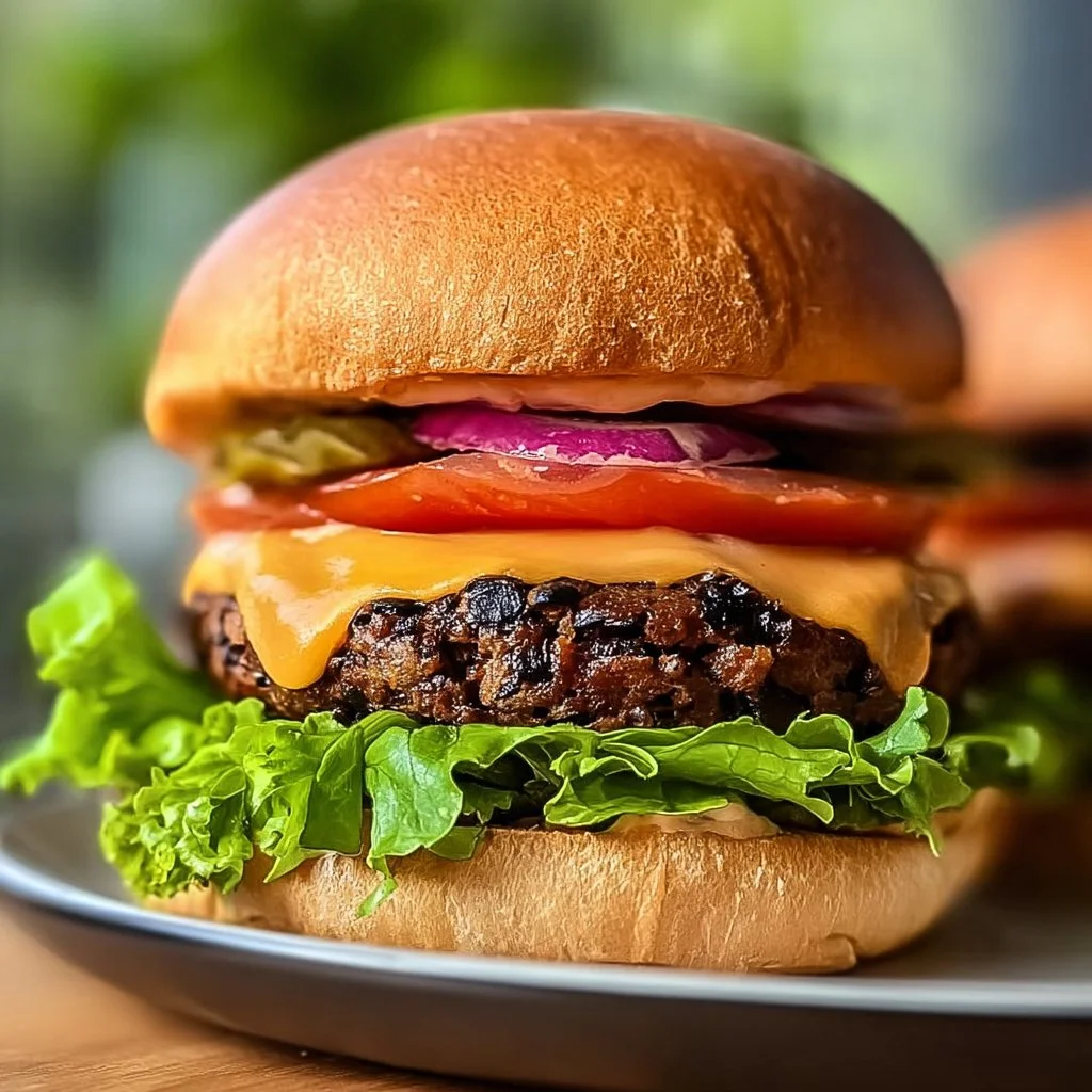 Delicious homemade black bean burger on a plate with fresh toppings