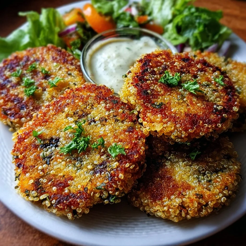 Delicious crunchy quinoa veggie patties served on a plate with fresh herbs.