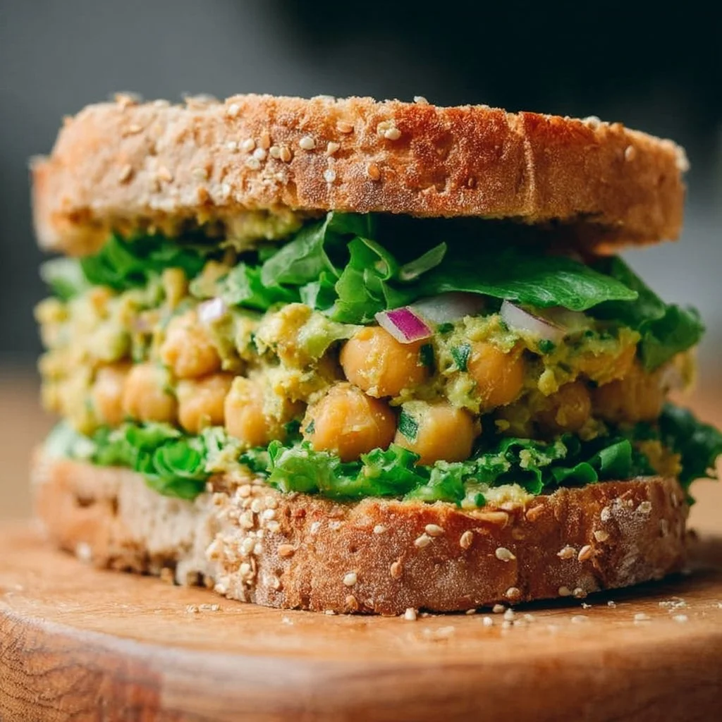 Delicious easy vegan chickpea sandwich garnished with fresh herbs and veggies