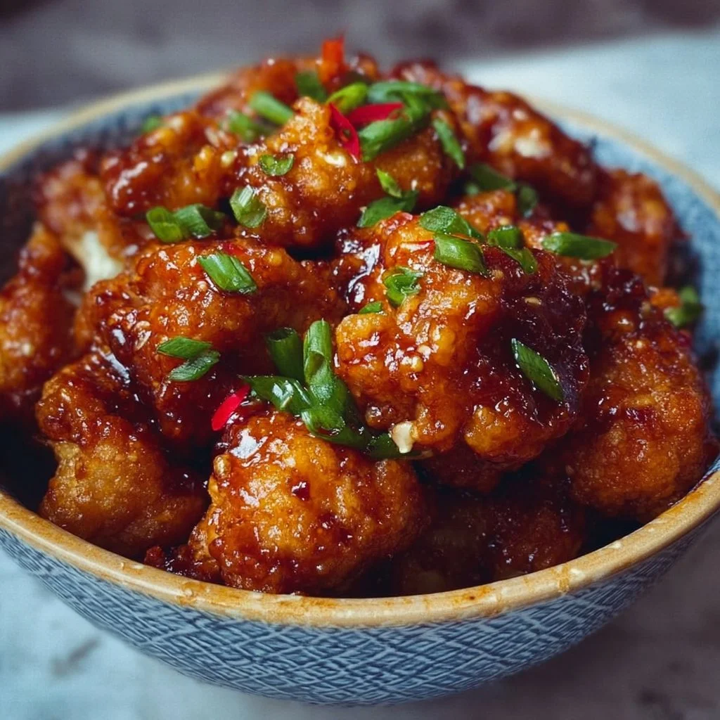 Plate of easy vegan General Tso's cauliflower with colorful vegetables.