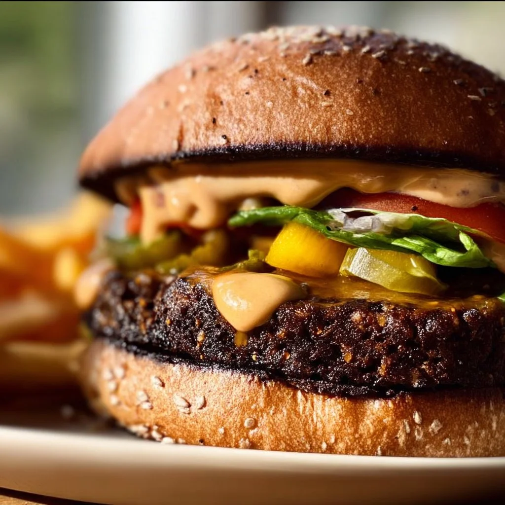 Delicious epic black bean burger garnished with fresh toppings on a wooden plate.