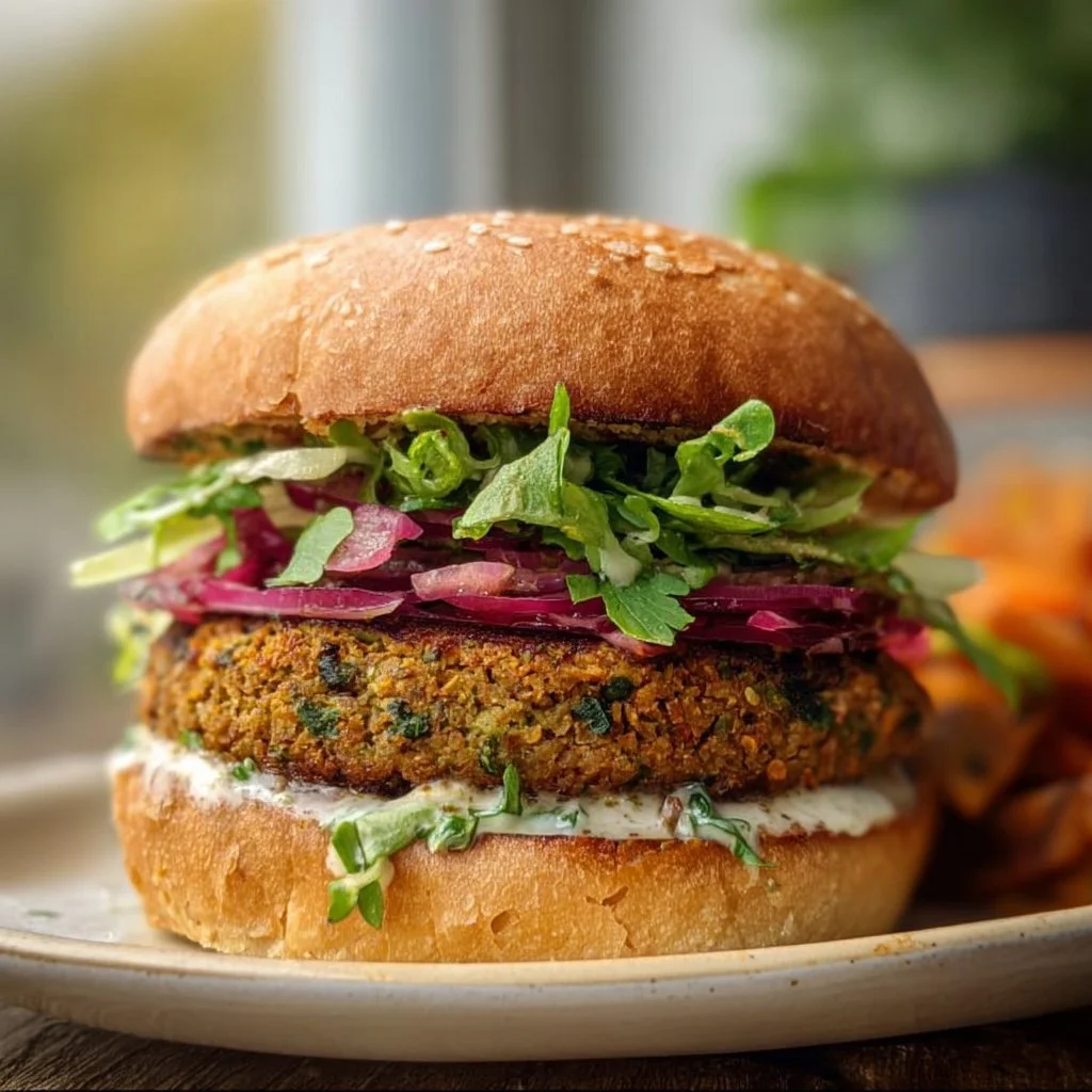 Delicious homemade falafel burger served with fresh toppings