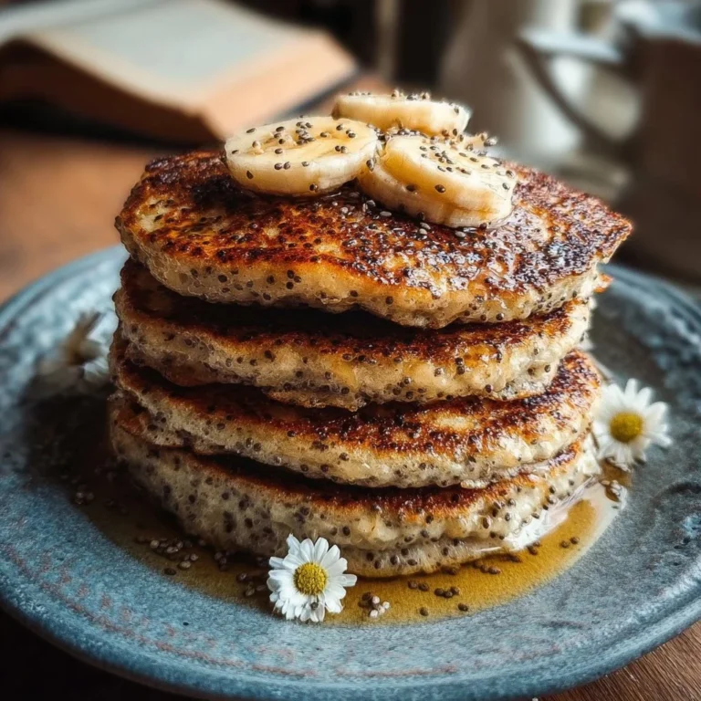 Stack of fluffy vegan banana chia pancakes topped with fresh fruit