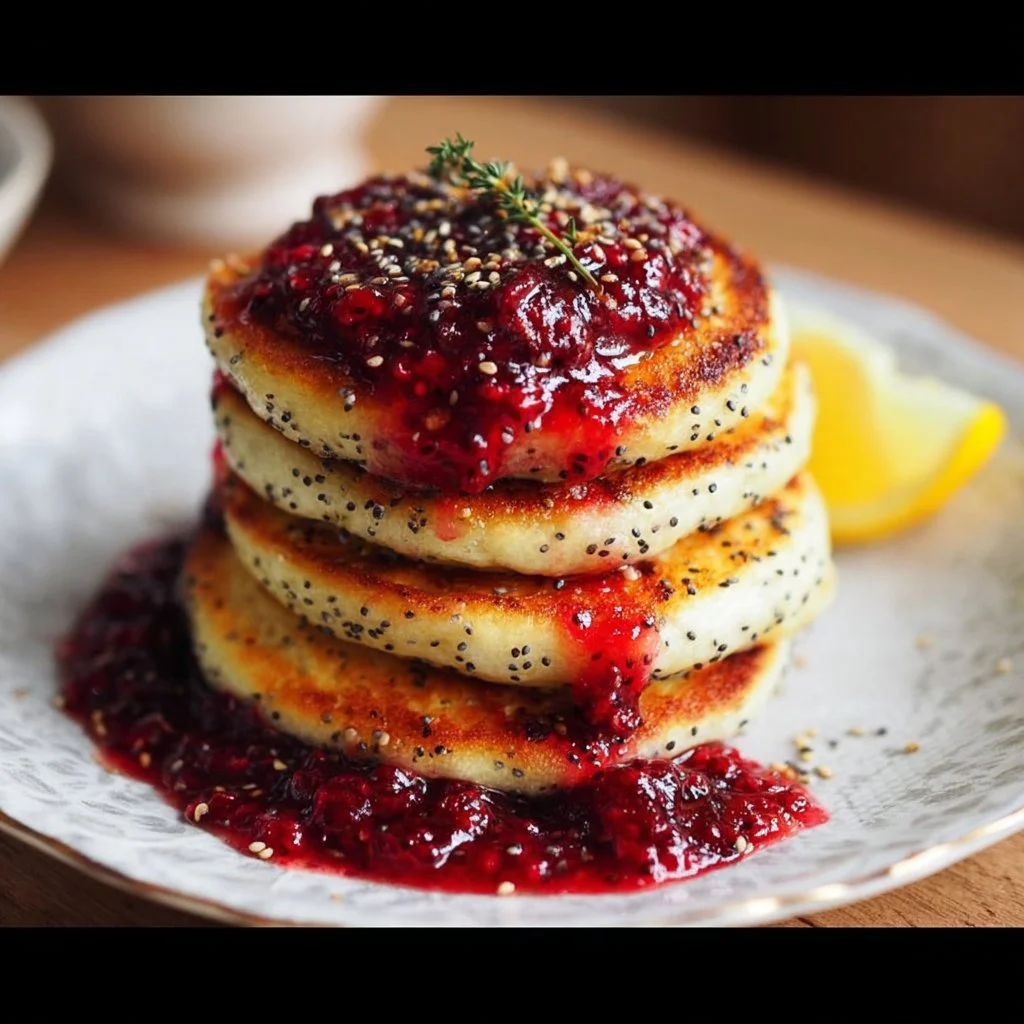 Fluffy vegan lemon poppy seed pancakes served with berry compote
