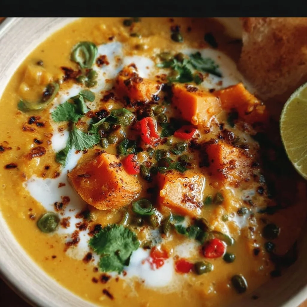 Bowl of gingered sweet potato and coconut milk stew topped with herbs.