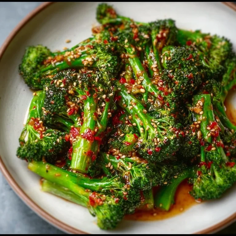 A plate of Gochujang Broccoli garnished with sesame seeds and green onions.