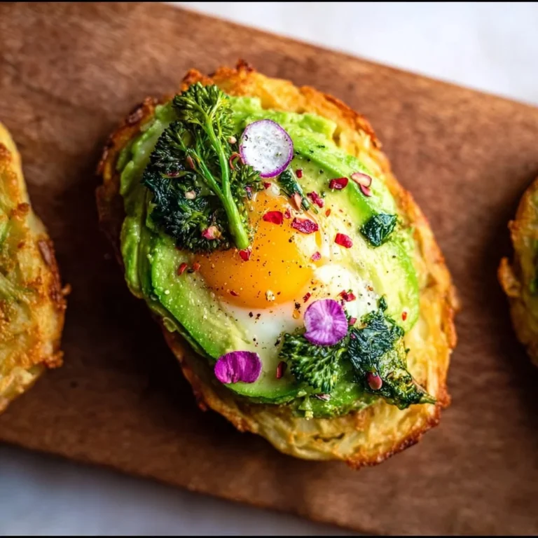 Hash brown avocado toast topped with herbs and spices