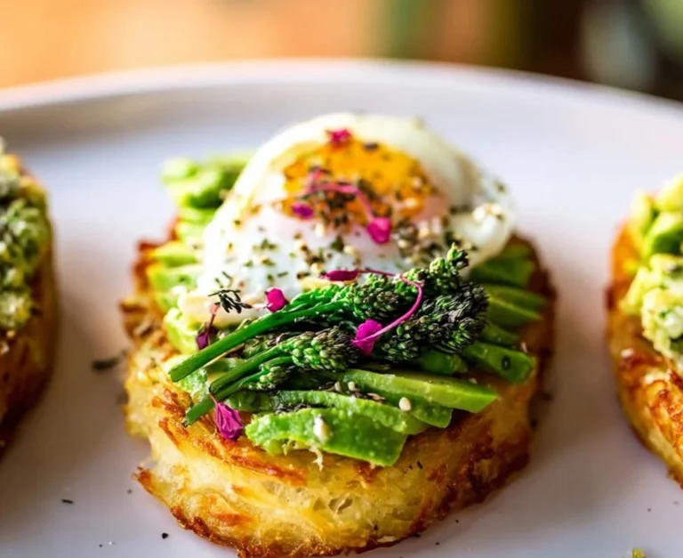 Delicious hash brown avocado toast topped with fresh herbs and spices.
