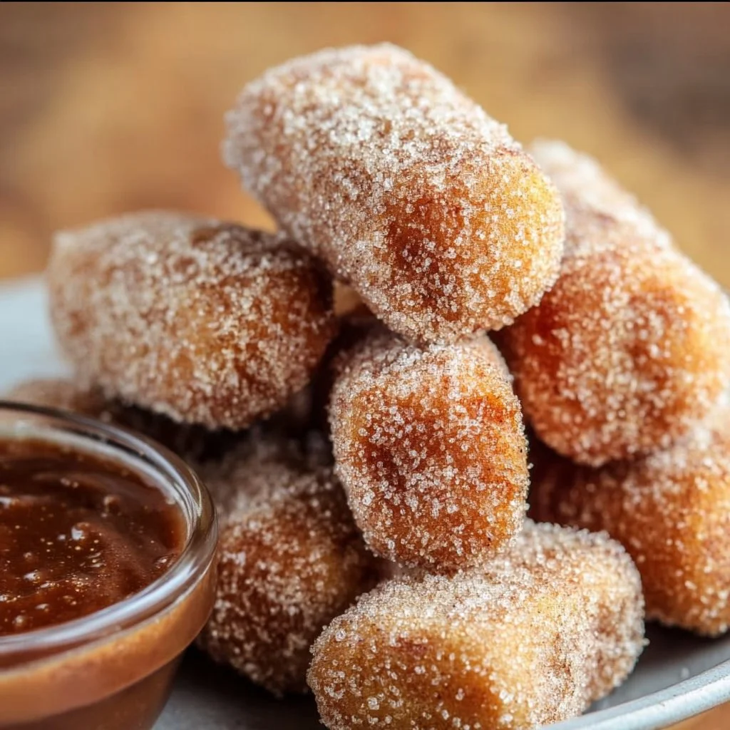 Healthier air fryer churro bites served on a plate, dusted with cinnamon sugar.