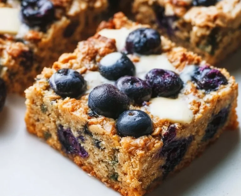 Bowl of healthy blueberry baked oatmeal topped with fresh blueberries and almonds