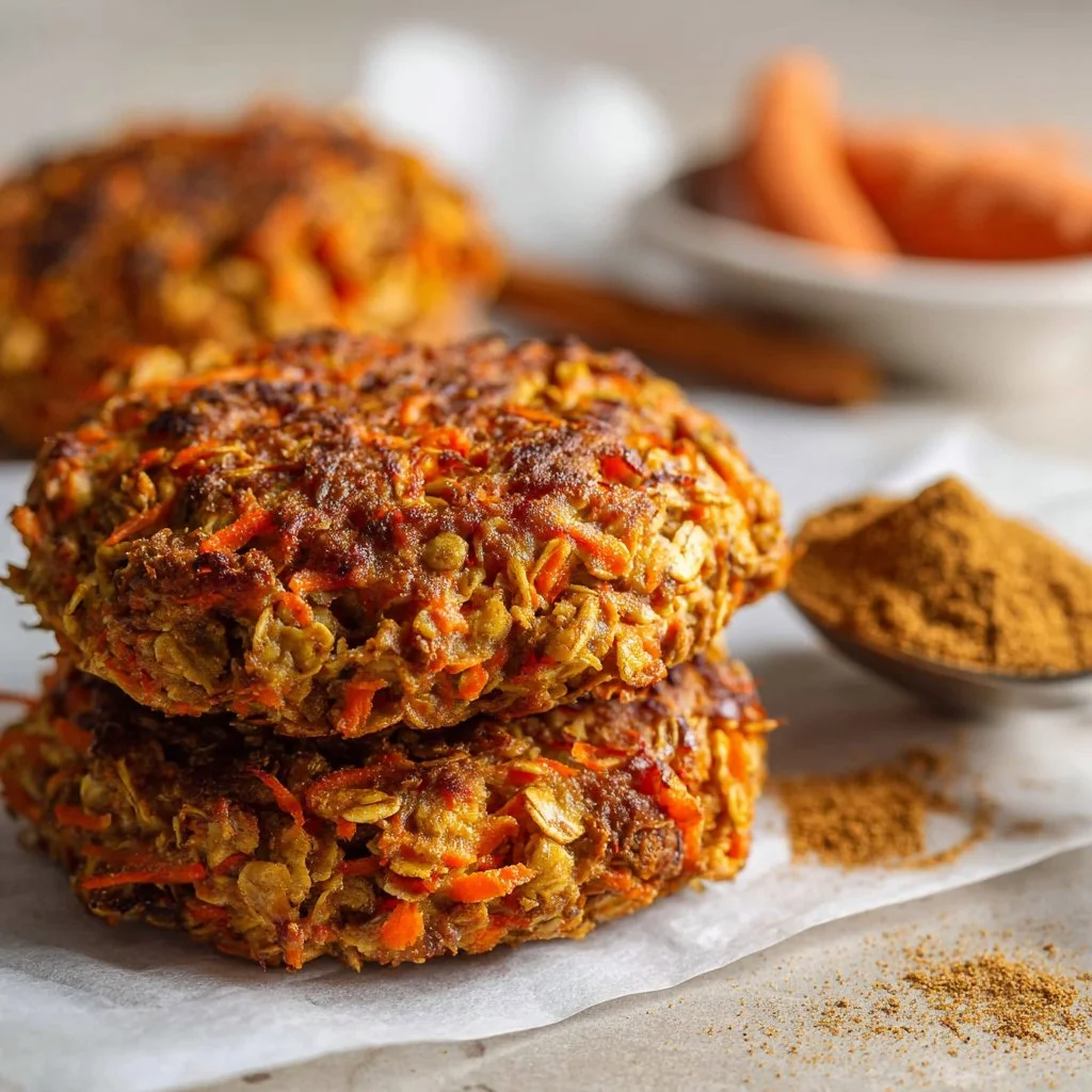 Healthy carrot cake oatmeal cookies on a plate with a sprinkle of cinnamon.