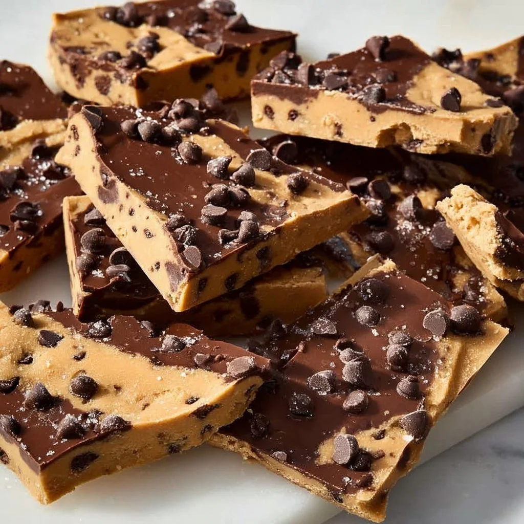 A delicious healthy cookie dough bark topped with chocolate chips and nuts.
